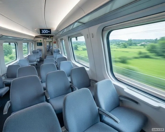 Interior of a Chinese high-speed train showing modern second-class seating with passengers and luggage racks