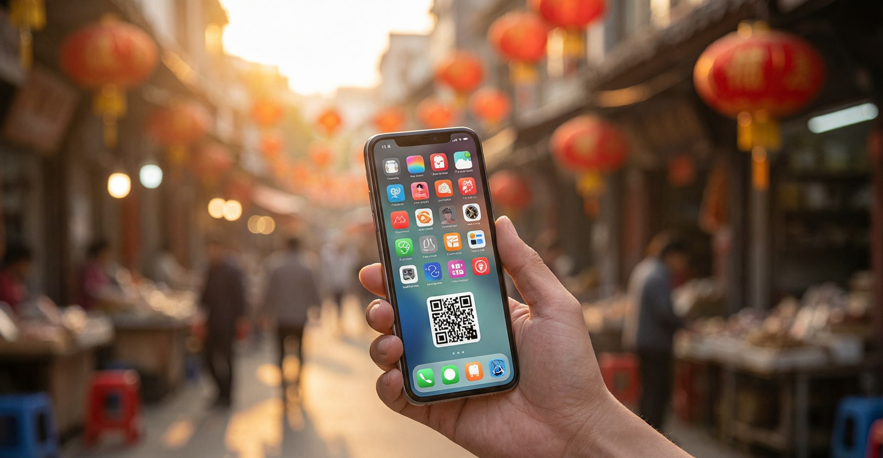 A hand holding a smartphone displaying app icons and a QR payment code, a Chinese street market blurred behind