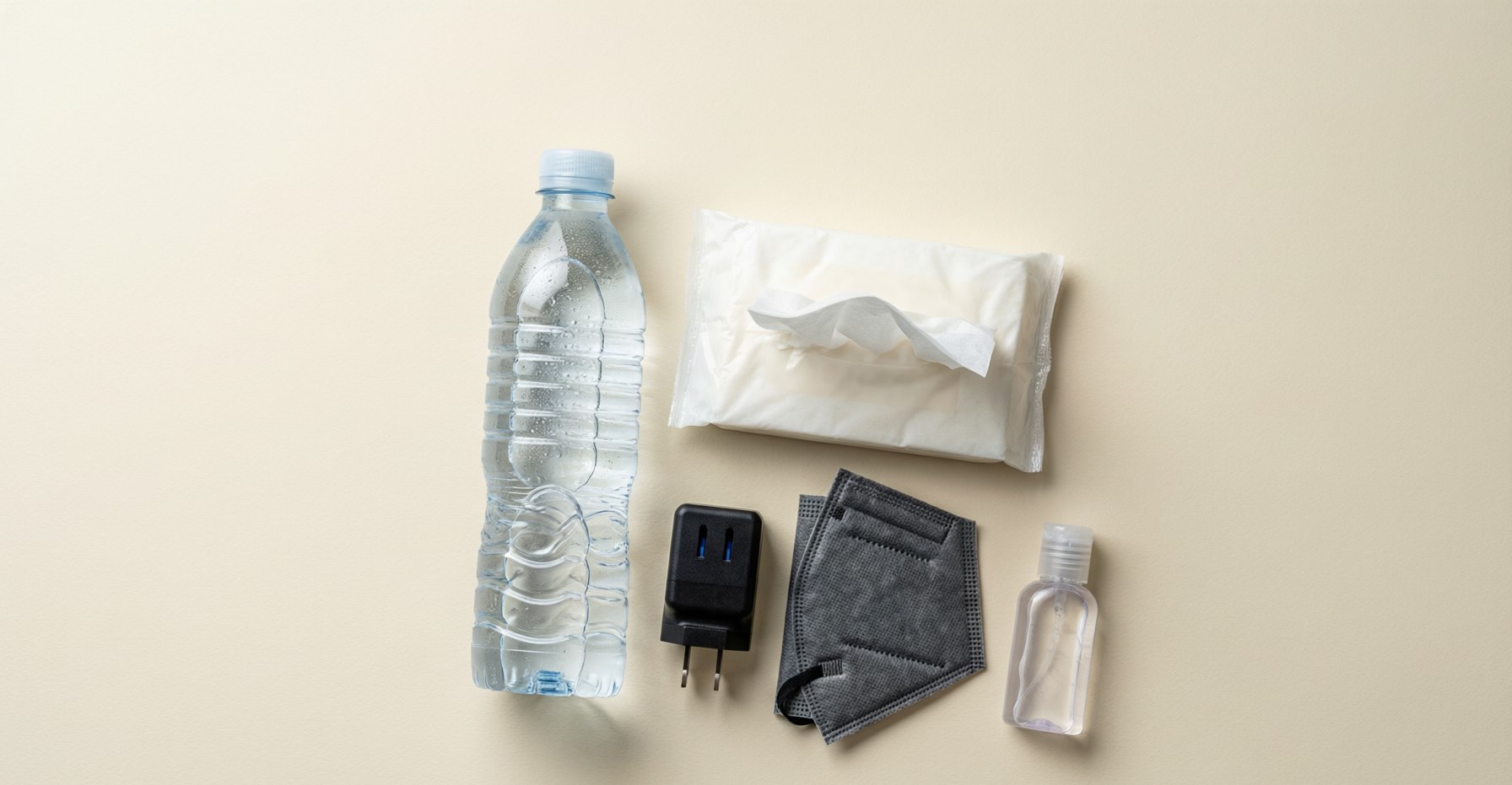 A flat-lay of daily travel practical items: bottled water, tissue pack, universal power adapter, N95 mask and hand sanitizer