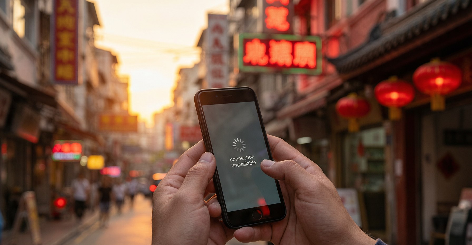 Close-up of a traveler holding a smartphone on a Chinese city street at dusk, neon signage and red lanterns glowing in the background