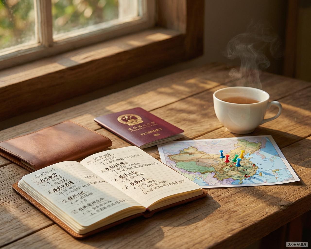 A passport, boarding pass, and Chinese high-speed rail ticket on a travel desk